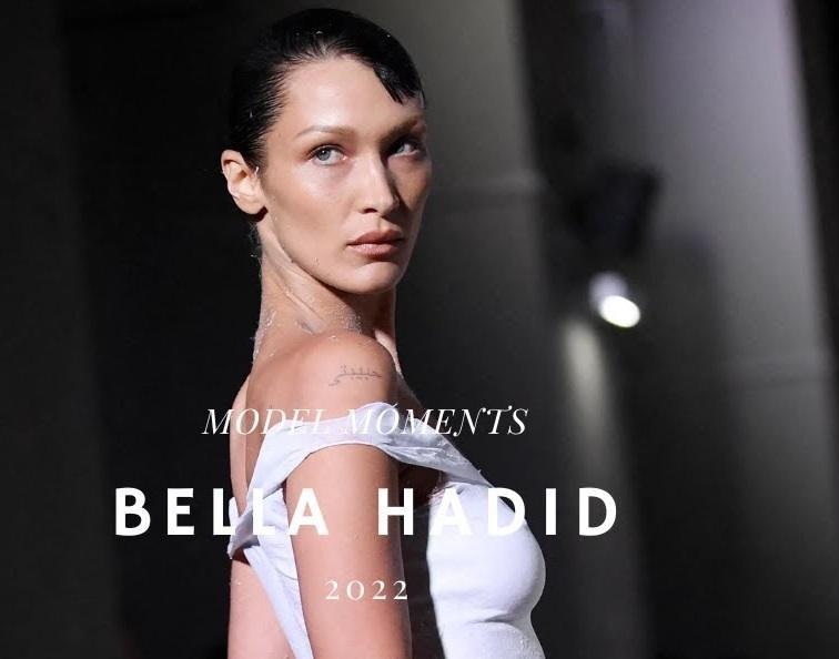 Bella Hadid na wybiegu w eleganckiej kreacji haute couture.
